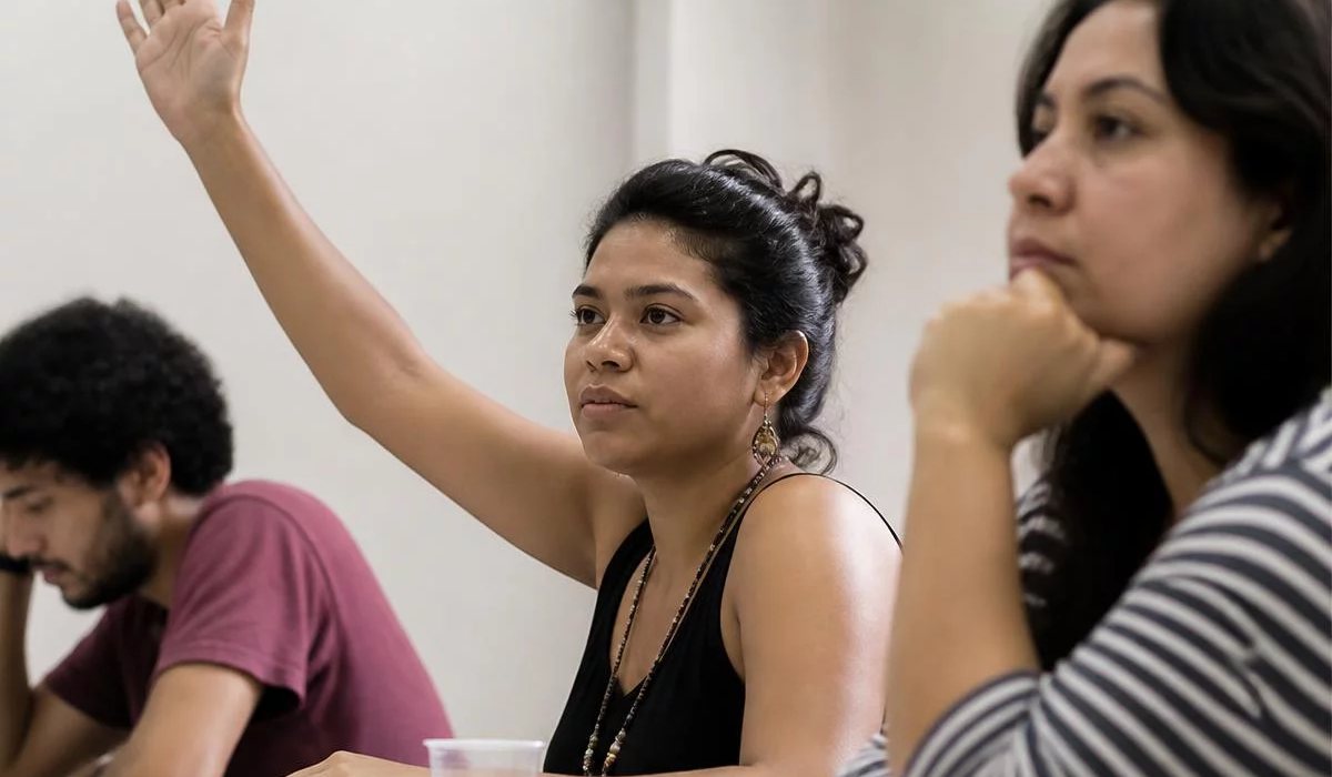 Duas pessoas preparando a próxima rodada com caderno e marca-texto na mão