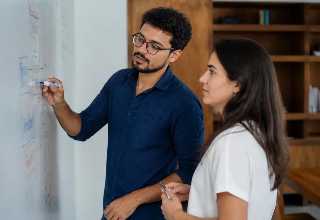 Dupla desenhando no quadro branco a estrutura de uma tese