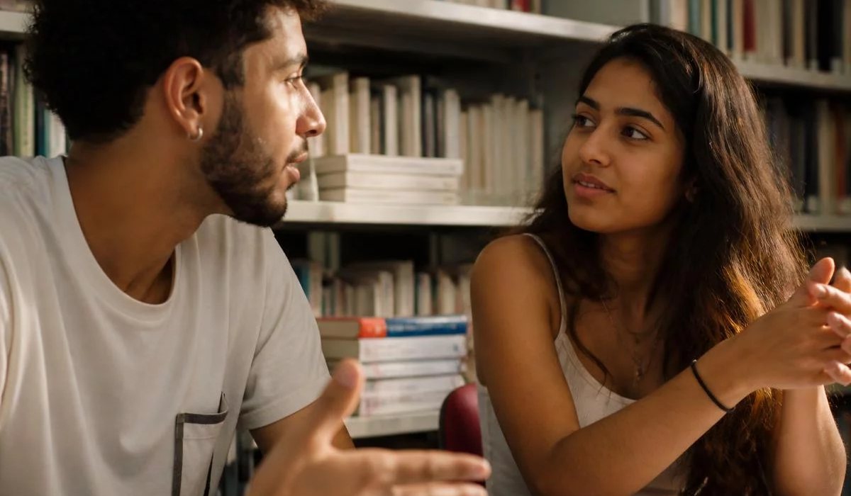 Pessoas conversando de pé junto às estantes antes de o encontro abrir